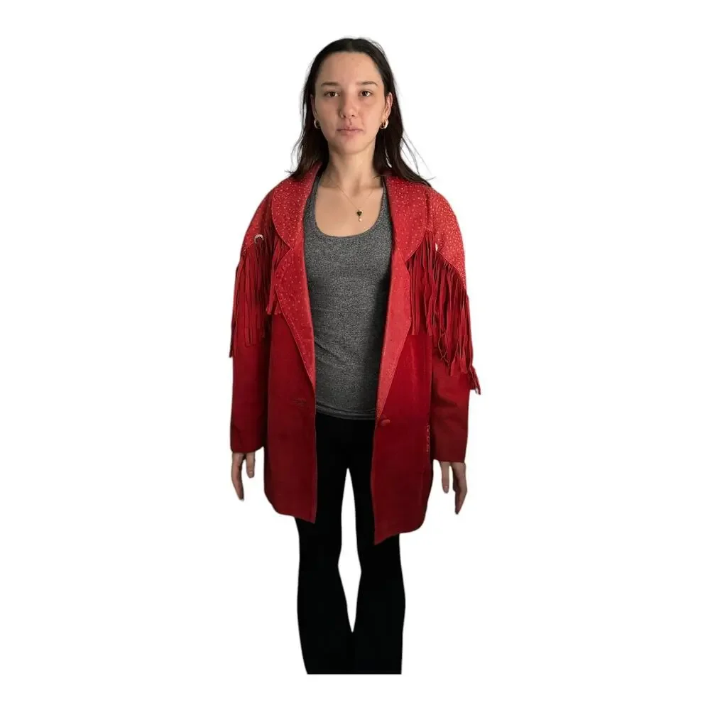 Vintage 1980s Avanti Red Suede Western Fringe Frontier Leather Coat medium - Picture 16 of 16